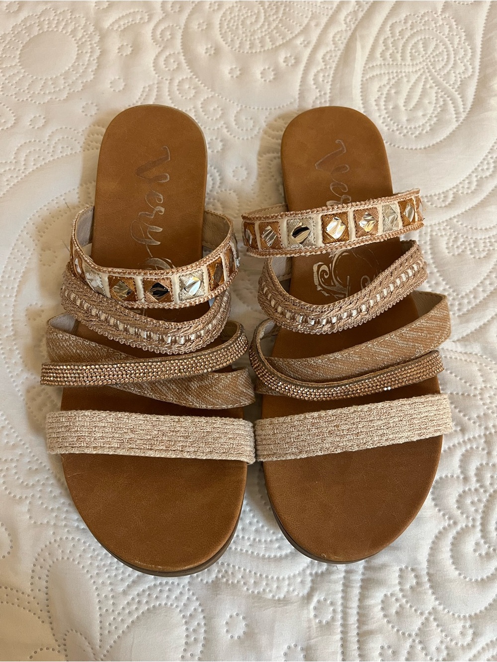 Very G Metallic Beige Multi-Strap Embellished Slide Sandals 11